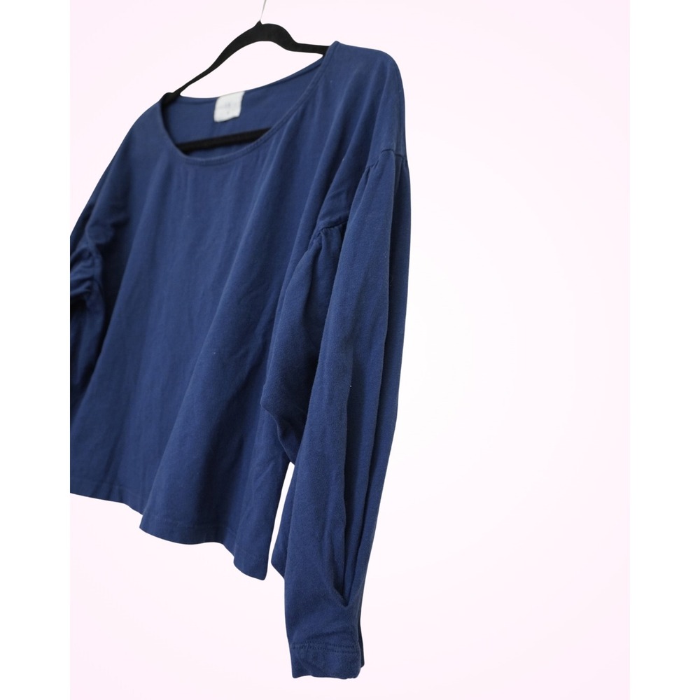 T.la Anthropologie Navy Blue Puff Sleeve Cotton Top XS Long Sleeve Scoop Neck